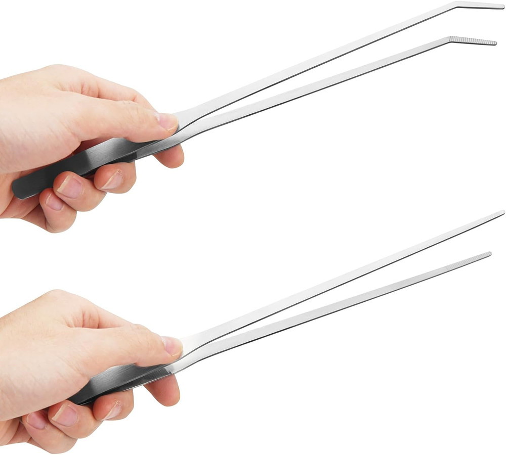 2Pc Aquarium Tweezers 10.6″ Straight Curved Stainless Reptile Feeding Tongs