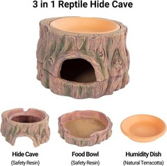 3 in 1 Reptile Hide Cave with Detachable Base & Humidity Dish, Essential Tank Te