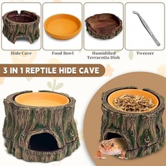 3 in 1 Reptile Hide Cave W/ Removable Sump & Humidity Water Dish,Reptiles