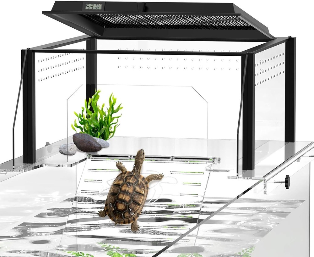 Upgraded Turtle Basking Platform for Aquatic Turtles with Temp & Humidity Gauge,