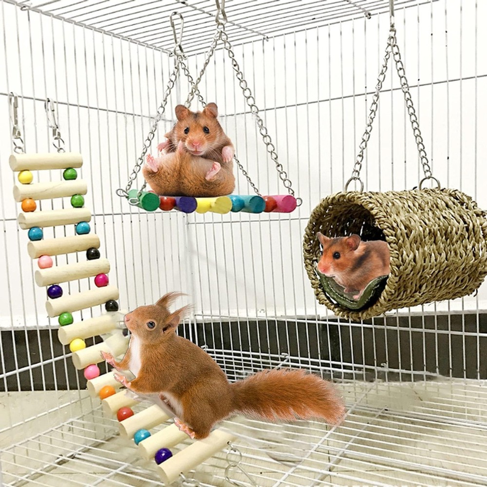 3 PCS Hamster Hanging Hammock Basket Wooden Rat Ladder Swing Set Cage Climbing