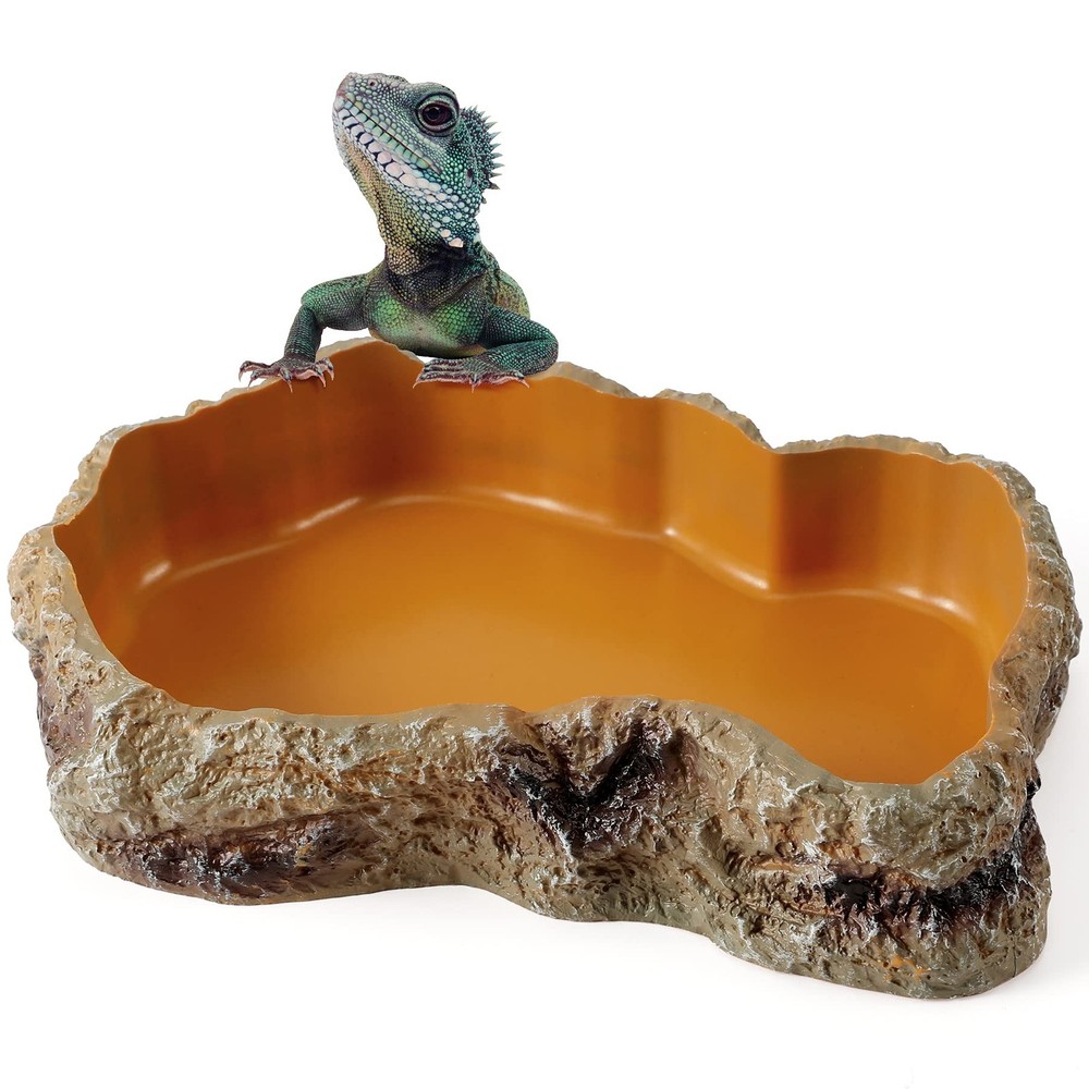 Reptile Food Water Resin Rock Bowls Lizard Gecko Worm Feeding Dish Mini