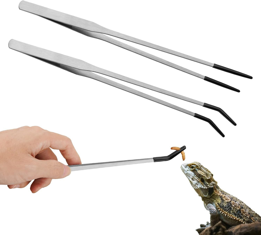 2PCS Stainless Steel Reptile Feeding Tongs Rubber Tip Straight Curved Tweezers