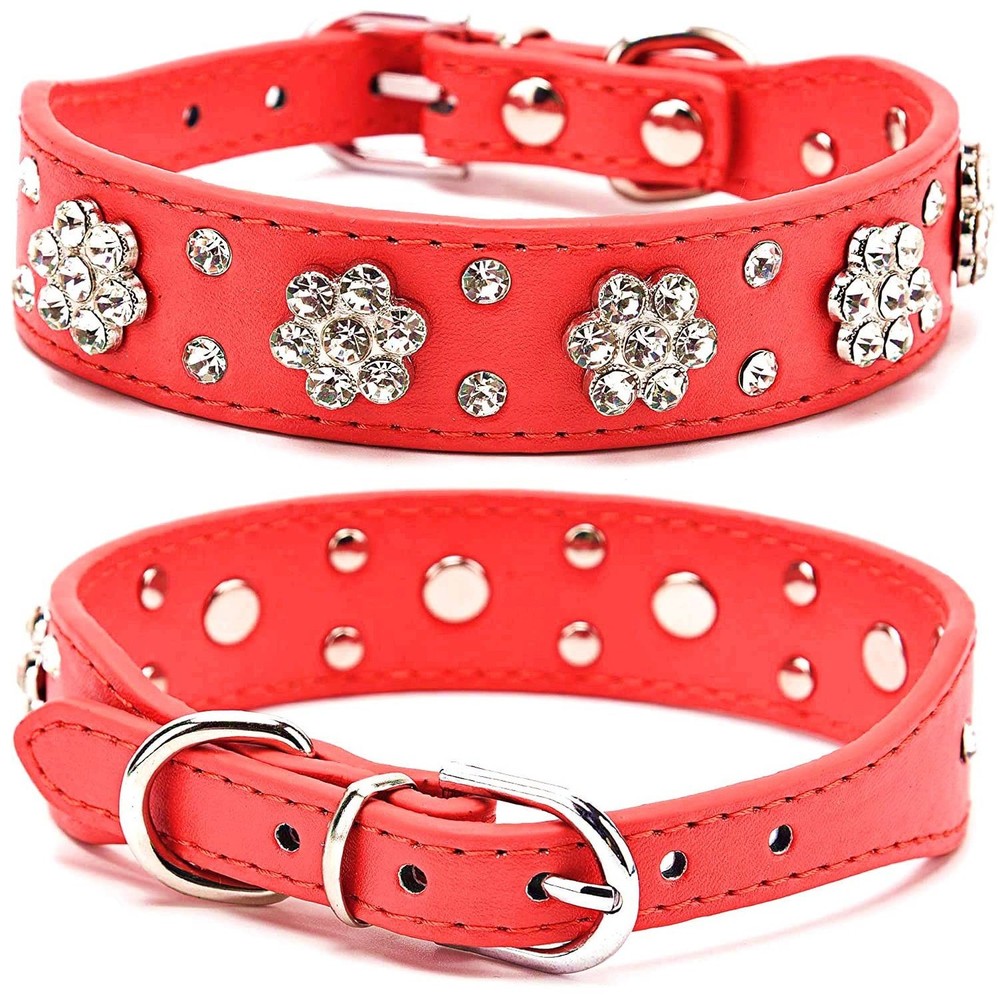 Rhinestone Flower Dog Collar, Bling Collar PU Leather – Adjustable Sizes S, M…