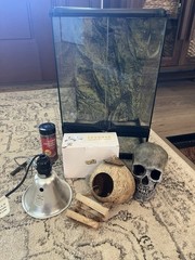 Complete reptile starter kit cage with accessories, lamps, bulbs, and food