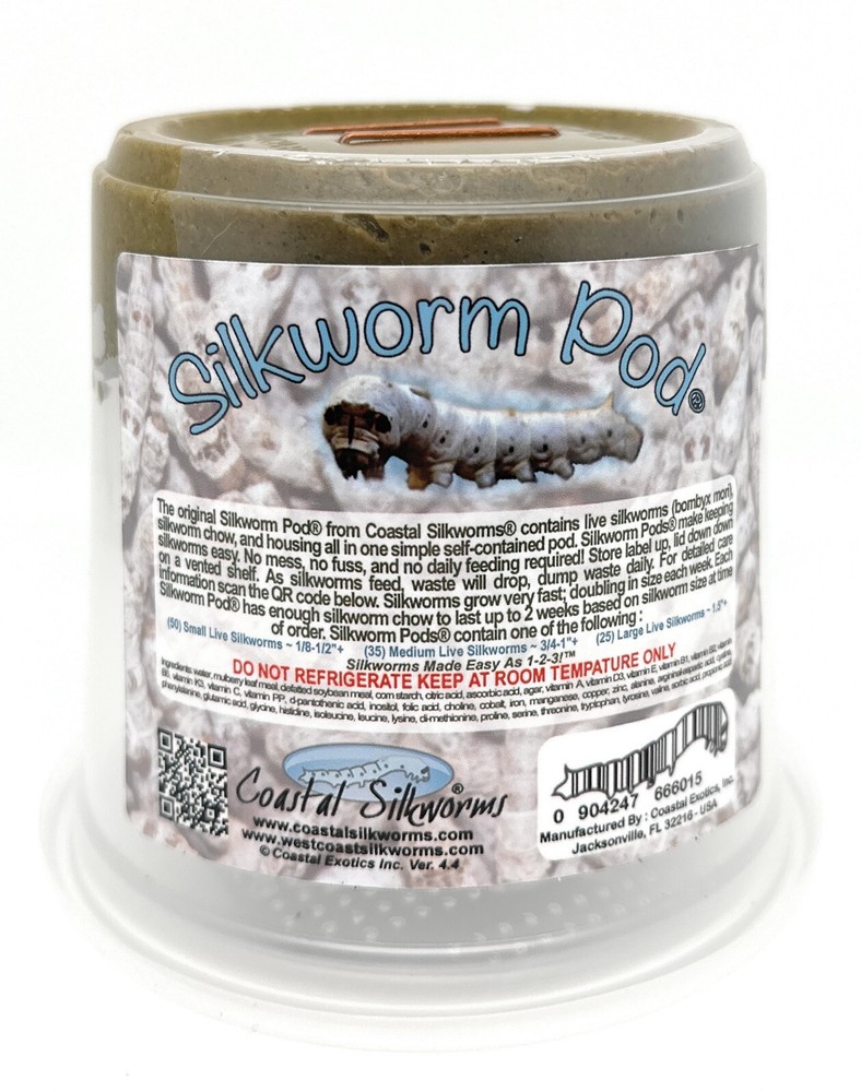 Small Silkworm Pod® (50 Small Live Silkworms & Food)