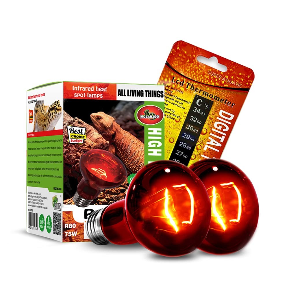 Infrared Heat Lamp Bulbs 75W 2 Pack,Red Basking Spot Light Bulb Reptile Heati…