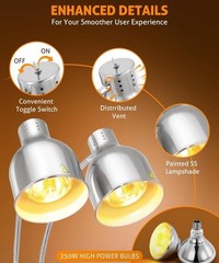 Food Heat Lamp, 500W Commercial Heat Lamp for Food, 2-Head Adjustable – Silver