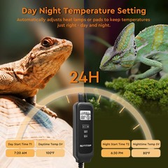 Reptile Dimming Thermostat, Adjustable Day and Night Temperature, Black