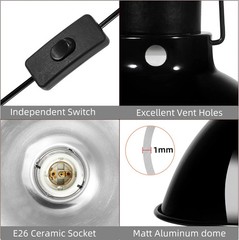 8.5in Dome Reptile Heat Lamp Fixture, UVB-Compatible, E26, 150W Max, Switch Hook