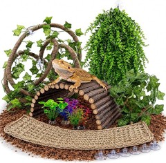9-Piece Reptile Tank Accessories Set with Plants, Hammock, and Flexible Bridge
