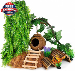 Crested Gecko Tank Accessories, Reptile Hanging Plants Vines with Natural Coconu