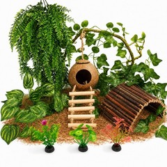RUNANIA Crested Gecko Tank Accessories，Reptile Vines Plants with Coconut Shell L