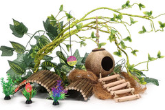 Crested Gecko Tank Accessories，Reptile Vines Plants with Coconut Shell Ladder Hi