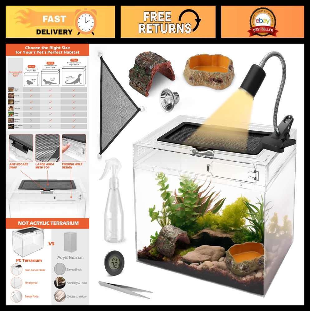 8-Piece Reptile Tank Starter Kit – Escape Proof Hermit Crab & Lizard Habitat, Mu