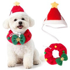 Dog Christmas Outfit Adjustable Plush Red Santa Hat Collar Bow Small Pet