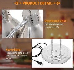 Food Heat Lamp, 500W Commercial Heat Lamp for Food, 2-Head Adjustable – Silver