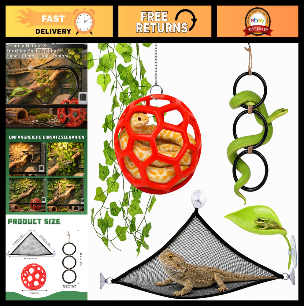7-in-1 Snake Habitat Accessories: Climbing Rings, Hammock, Ivy & Suction Cups fo