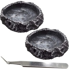 RONYOUNG 2PCS Reptile Water Bowls Feeder Food Dish with Tongs Grey