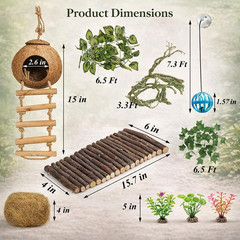 Crested Gecko Tank Accessories，Reptile Vines Plants with Coconut Shell Ladder Hi