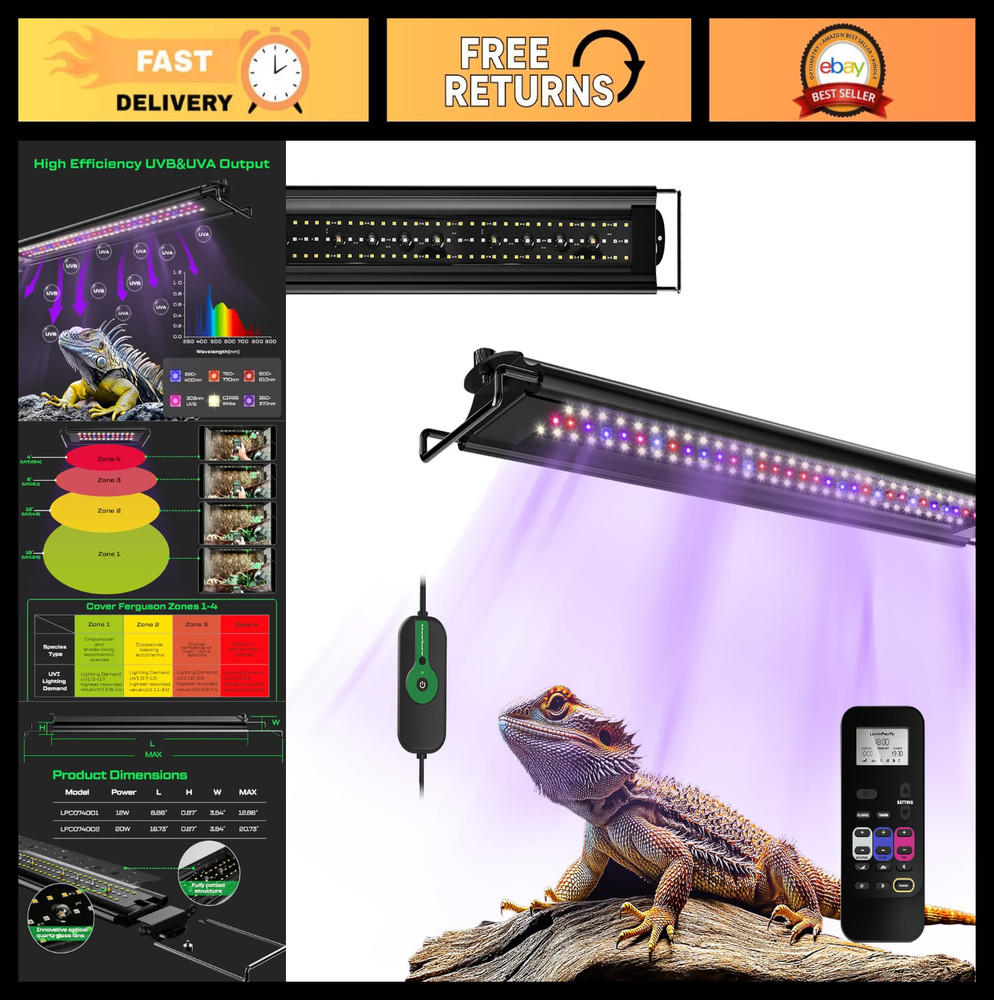 12W UVB Reptile Light Strip with Dimming, Remote Control & 24/7 Timer for Bearde