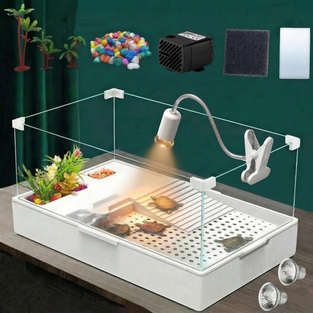 Small Turtle Starter Kit with Integrated Pump, Basking Light, Clear Acrylic 3…
