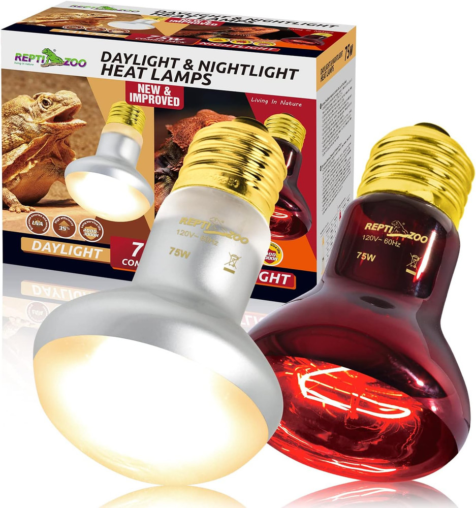 REPTI ZOO 75W Reptile Heat Lamp Bulb, 2PCS Day & Night Basking Spot Light Combo