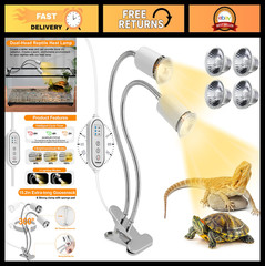 Dual Head Reptile Heat Lamp with Timer – Dimmable UVA/UVB Basking Light for Turt