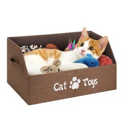 Brown Collapsible Large Cat Toy Bin Sturdy Storage Basket Pet Organizer Box