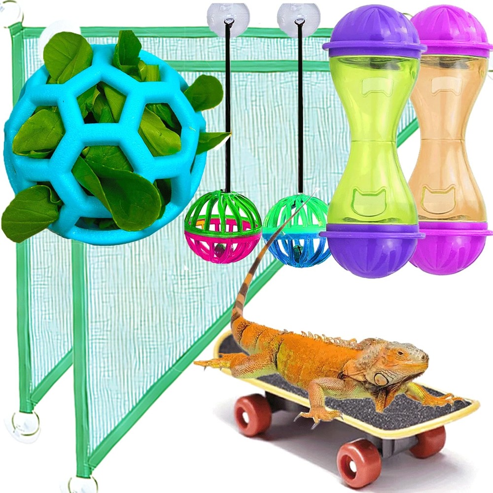 8 pcs Breaded Dragon Toys Set Balls Bell Reptile Feeder Toy Hammock Lizard Fe…