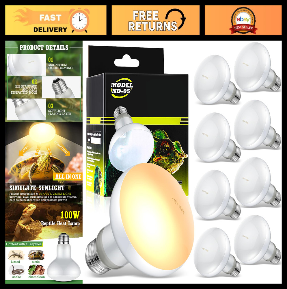 8 Pcs 100W Reptile Heat Lamp Bulbs – UVA Basking Light for Bearded Dragons, Turt