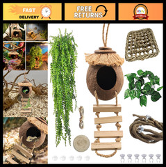 Coconut Hide with Ladder for Crested & Leopard Geckos, Reptile Tank Decor, Seagr