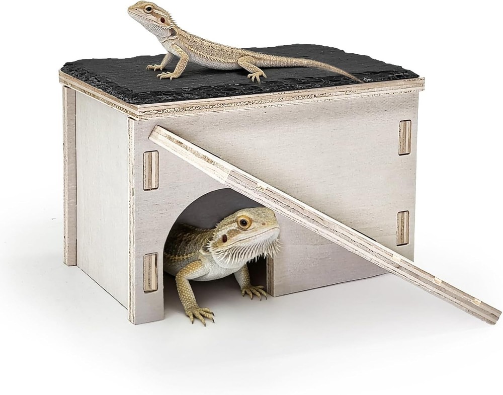 Bearded Dragon Hide Cave W/ Basking Platform,Wooden Lizard Hideout