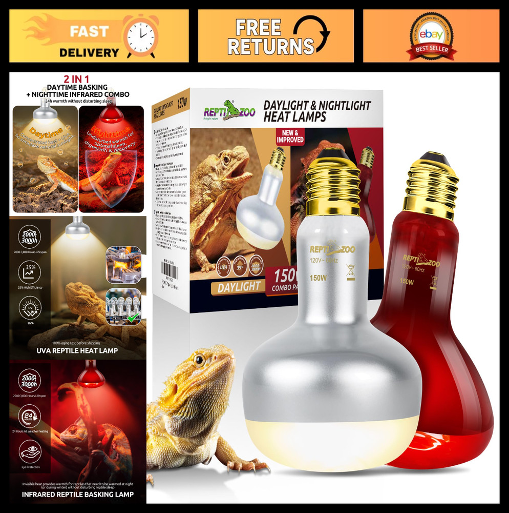 150W Reptile Heat Lamp Bulb Combo – Day & Night Basking Light Set, 2 Pack UVA &