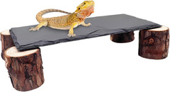 1Pc Reptile Basking Platform Slate Rock Hide Cave with Wooden Pile Small