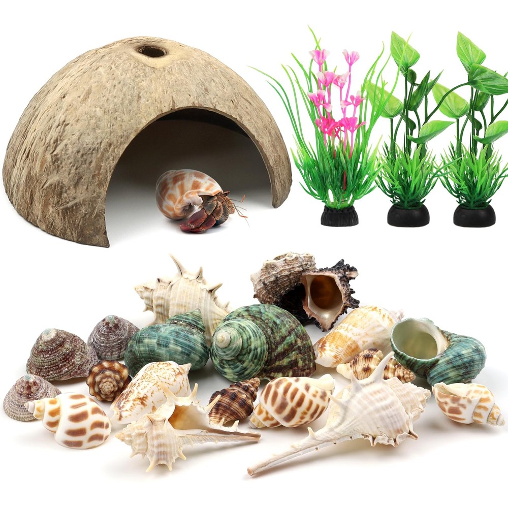 Hermit Crab Shells Natural Coconut Shell Hut Artificial Plants, 22 PCS Hermit…