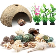 Hermit Crab Shells Natural Coconut Shell Hut Artificial Plants, 22 PCS Hermit…