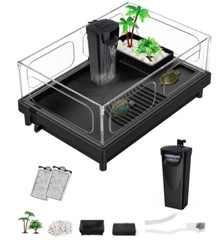 Small Turtle Tank, Aquarium,Acrylic Terrarium with Basking Platform,Black+Filter