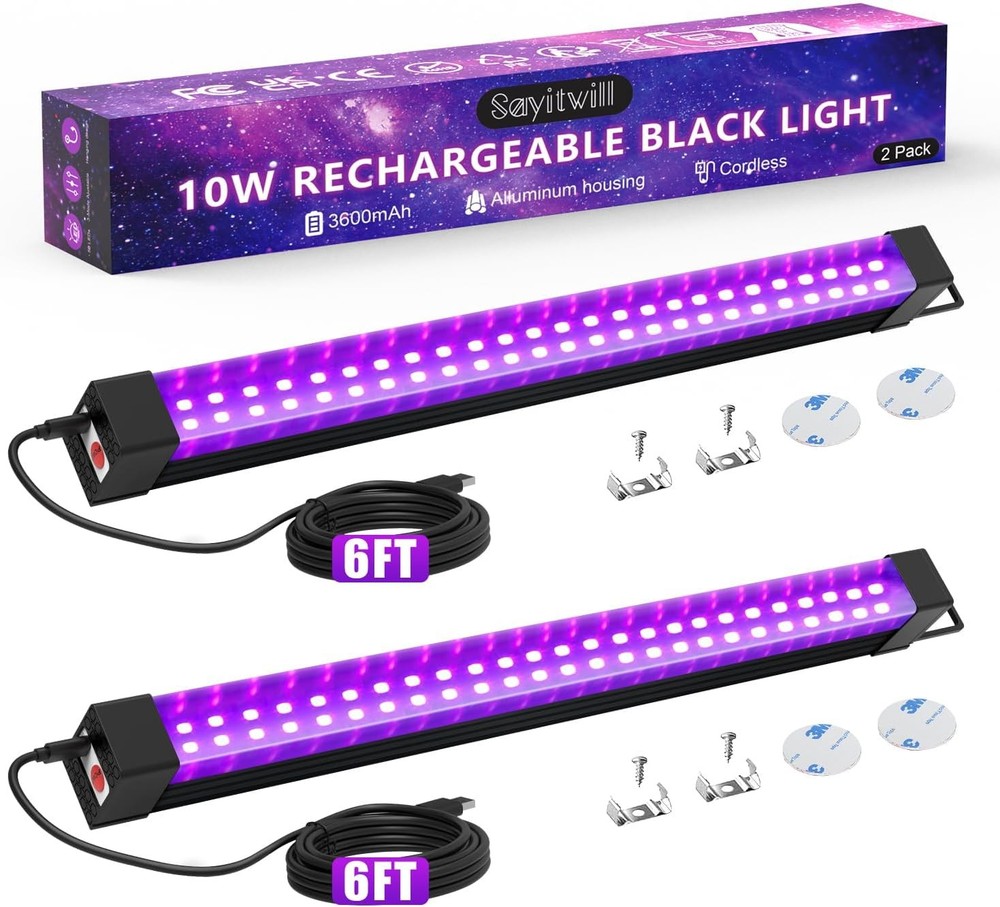 Rechargeable Black Light Bar 2 Packs, Battery Powered Lights for