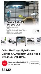 Oiibo Bird Cage Light Fixture Combo Kit, AvianSun Lamp Hood with 2.4% UVB UVA…