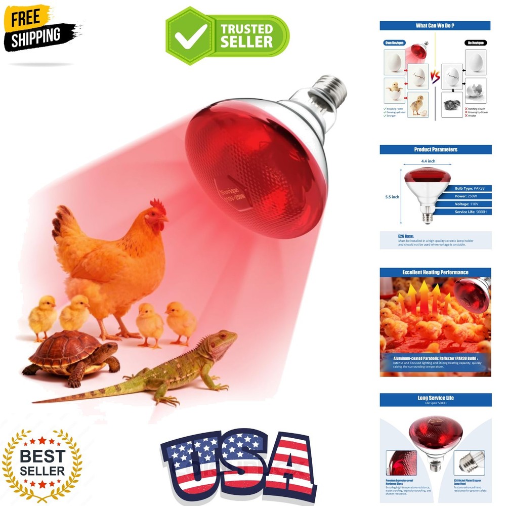 250W Heat Lamp Bulbs 1 Pack Infrared Heat Lamp for Chickens with E26 Socket a…