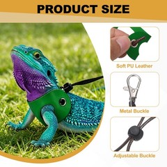 3Pcs Bearded Dragon Lizard Leash Harness Soft Leather S/M/L Green