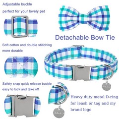 Dog Collar Bow Tie Cotton Metal Buckle Blue Grid Gift Medium Pet Neck Strap