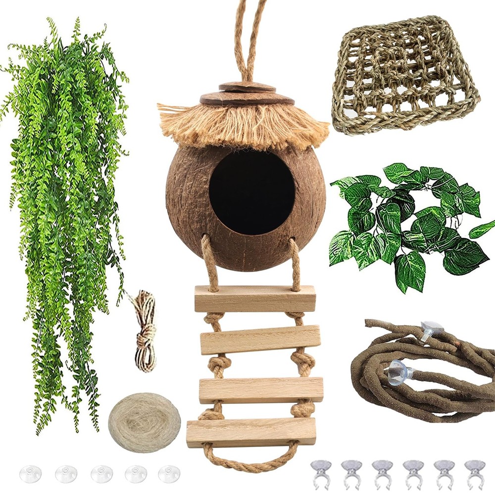 MUYG Gecko Coconut Hideout with Ladder,Reptile Hammock Plants Vines Brown