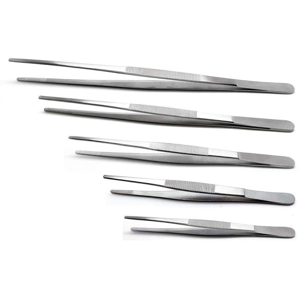 5-Piece Tweezer Set Long Metal Tongs Serrated Forceps – FEITA Silver – 5pcs