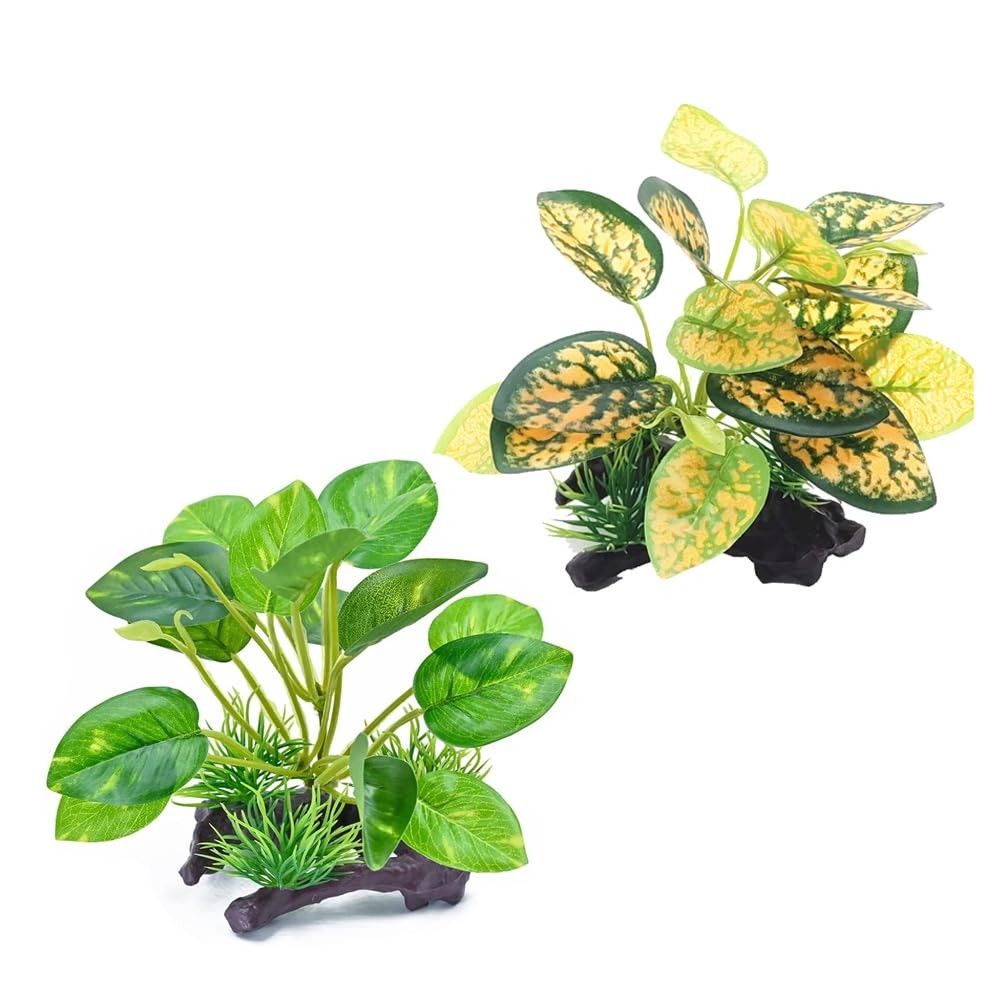 2 Pcs Green Yellow Artificial Reptile Plants Terrarium Decor