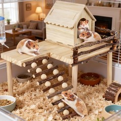 Wooden Hamster House Platform Ladder Cage Accessories Toy Hideout Habitat