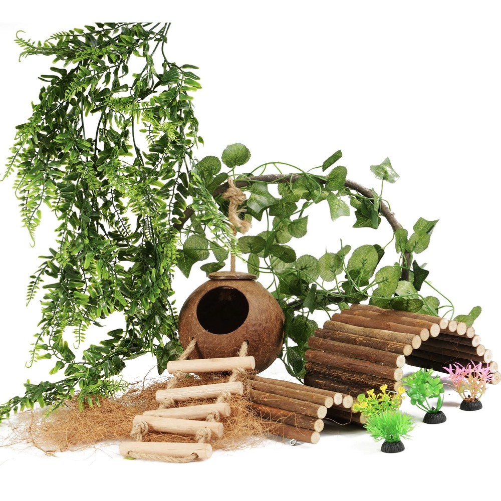 10PCS Crested Gecko Tank , Reptile Plants Bridge Vines, Coconut Shell with La…