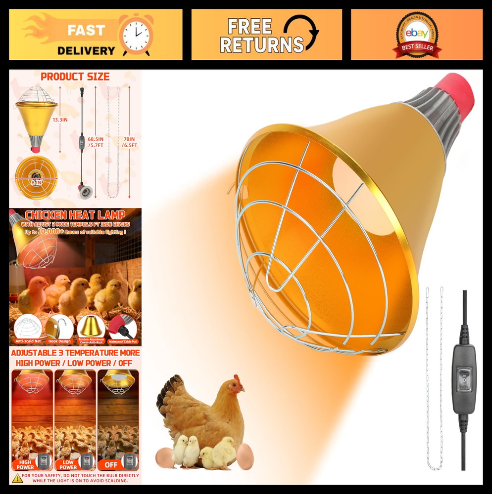 Heated Chicken Lamp for Coop – E26 Base Heat Bulb Shield, 3 Temp Modes, Al-Alloy