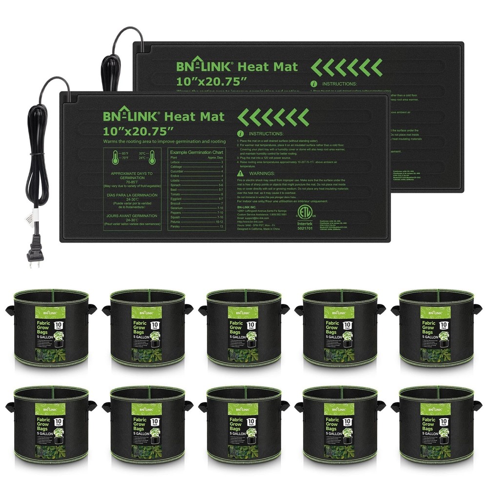 BN-LINK Seedling Heat Mat 10″ x 20.75″-2 Pack and 5 Gallon 10 Pack Grow Bags …